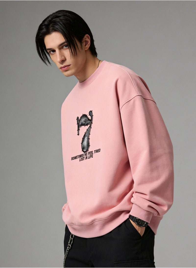 BM INS Dusty Pink "Distressed Number 7" Graphic Oversized Crew Neck Sweatshirt | Unisex Pullover With "SOMETIMES WE FEEL TIRED LOST IN LIFE" Slogan - Image 1